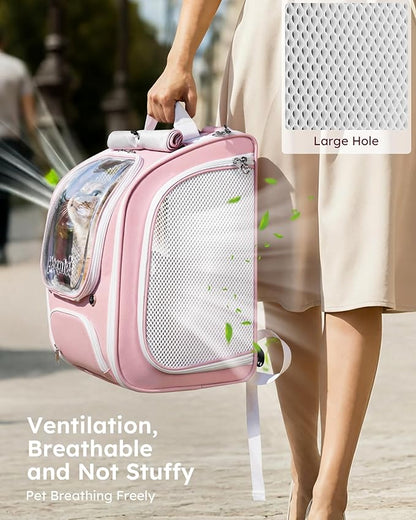Pecute Cat Backpack Carrier, Large Space Cat Bubble Backpack, Breathable Cat Carrier, Shaded Dog Backpack Carrier, Ergonomic 3D Design for Travel, Hiking, Walk, Suitable for Shopping, Car, Vet, Pink