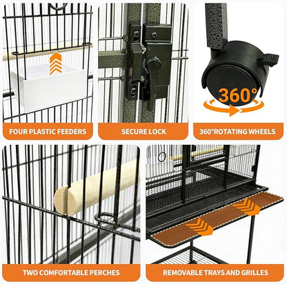 Large Bird Cage,62.6" H Big Bird Cage with Stand for Parakeets Parrots Conures Lovebird Cockatiel Black