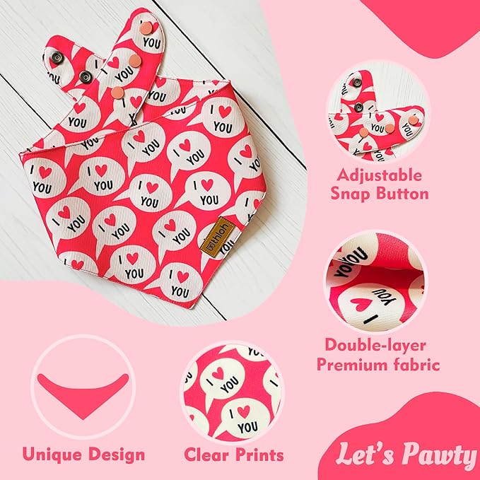 Valentines Dog Bandanas with Snap Button - 2 Pack Reversible Heart Dog Scarf for Boy & Girl, Premium Durable Fabric, Pet Bandana for Large and Extra Large Dogs (X-Large)