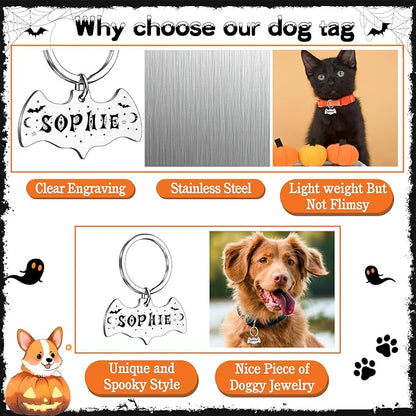 Personalized Pet Tags for Dog Cat, Custom Halloween ID Tags for Dogs, Dog Name Tags Engraved for Pets, Boo Basket Stuffers, Halloween Gifts for Dogs Lovers (Bat)