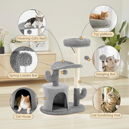 33 Inch Small Cat Tree Tower, Cat Tree with Curved Bed, Cat Tower with Scratching Post and Cozy Condo for Indoor Kittens and Cats, Grey
