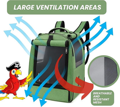 Bird Backpack Travel Cage for Cockatiel, Parrot, Parakeet With 2 Bowls Tray and Standing Perch - African Grey Carrier for Large and Small Birds (Green)
