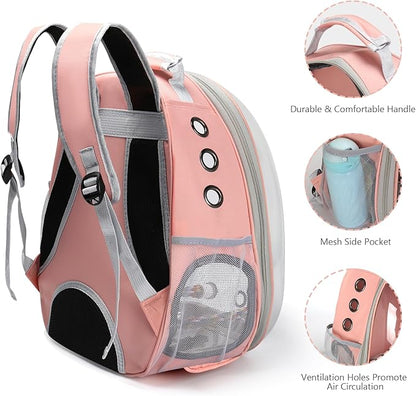 Bird Backpack Carrier, Travel Bird Cage for Small Medium Size Parrot Parakeet Budgies Cockatiel, Portable Clear Bubble Window Bag with Stainless Steel Tray Food Bolw Standing Perch (Pink)