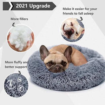 Small Calming Dogs Bed for Small Dogs Anti-Anxiety Machine Washable Fluffy Luxury Anti-Slip Waterproof Mute Base Warming Cozy Soft Pet Puppy Round Bed