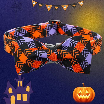 Halloween Dog Collar, Pet Collar Bow Plaid Pet Collars Girl Boy Holiday Pet Collars Gift Bow Dog Collar Cute Soft Puppy Collars for X-Large Dogs