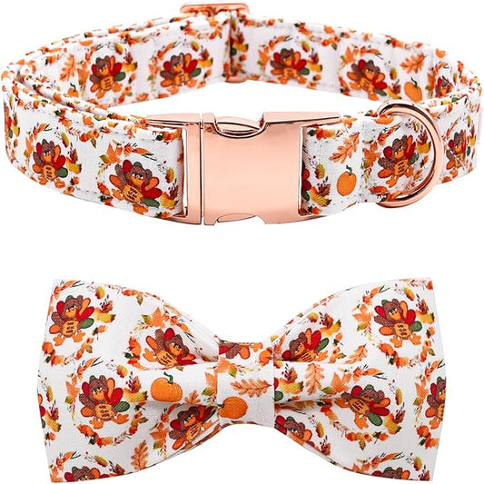 Dog Collar - Thanksgiving Turkey Bowtie Gift, Soft Bow Adjustable Metal Buckle for Small Dogs