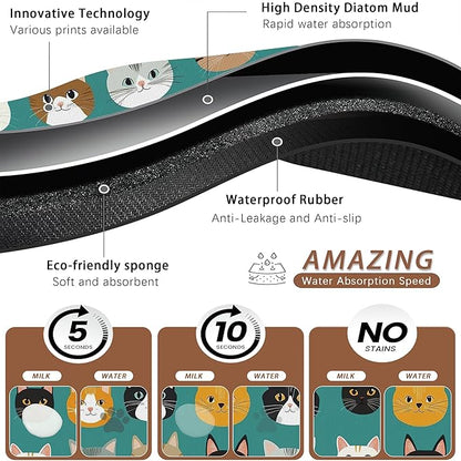 Cute Cat Dog Food Mat,Absorbent Pet Feeding Mat with Rubber Backing,Non-Slip Water Bowl Placemat,Indoor Pet Accessories Supplies 16"x24"