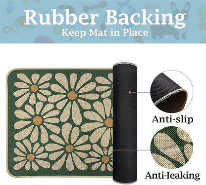 SHIYUE Dog Food Mats for Floors, Absorbent Cat Bowl for Food and Water, Non-Slip Accessories Pet Supplies(12"x20",Forest Green Flower)