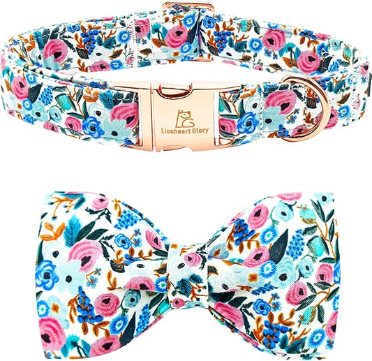 Lionheart glory Dog Collar Bow Collar Floral Dog Collar with Bow Tie Spring Summer Cute Collar Dog Boy or Girl Dog Collars Soft Durable Adjustable Dog Collars for Medium Dogs