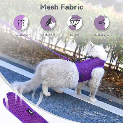 Cat Harness and Leash for Walking Escape Proof Breathable Mesh Fabric, Purple, Medium, Adjustable Cat Walking Jackets with Handle, Padded Stylish Cat Vest