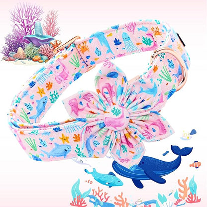 Lionheart glory Dog Collar Flower Collar Pink Dog Collars with Flower Summer Cute Sea Animals Print Collar Dog Female Soft Durable Adjustable Dog Collars for Small Dogs