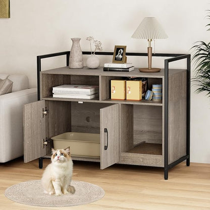 Giantex Cat Litter Box Enclosure - Cat Washroom Hidden Furniture with Front Entry, Scratcher, 2-Door Storage Cabinet, 2 Compartments, Air Vents, Metal Frame, Wooden Pet Crate House (Oak Gray)