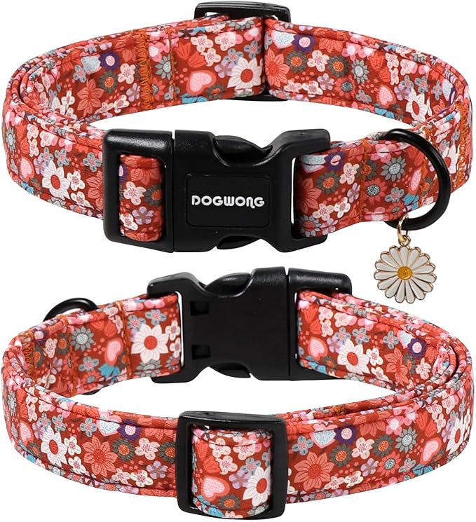 DOGWONG Red Flower Dog Collar, Cute Adjustable Floral Collar, Girl Female Dog Collar with Strong Plastic Buckle for Small Medium Large Dogs,L
