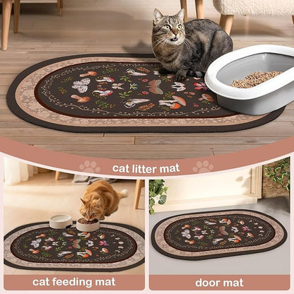 Bienbee Cat Litter Mat, 33" x 22" Large Size Litter Box Mat Rug with Non-Slip Bottom,Urine and Water Proof, Easy to Clean Cat Supplies Essentials for Indoor Kitty Kitten Floor,Brown Mushrooms L