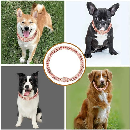 Dog Collar Cuban Link Rose Glod Crystal Dog Necklace Metal Chain Collar with Design Secure Buckle Pet Collar Jewelry Accessories for Small Medium Large Dogs Cats(Rose Glod 8inch)
