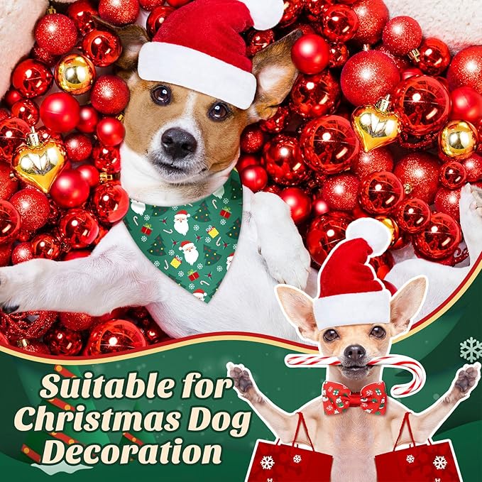 Sanwuta 50 Pcs Christmas Dog Bandanas and Collar Bow Ties Set 25 Bandanas Bulk 25 Xmas Charm Dog Collar Pet Triangle Pet Scarf Bowtie for Small Medium Large Holiday Costume