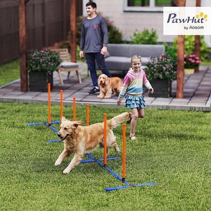 PawHut Adjustable Dog Agility Training Equipment, Dog Agility Course Backyard Set with Weaves Poles, Carry Bag and Ground Stakes for Pet Park Games Exercise