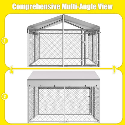 10 x 10 x 6 ft Outside Dog Kennel Outdoor Large with Roof, Enclosure with Roof, Outdoor Heavy Duty Dog Run Pens House Pet Playpen with Galvanized Chain Link