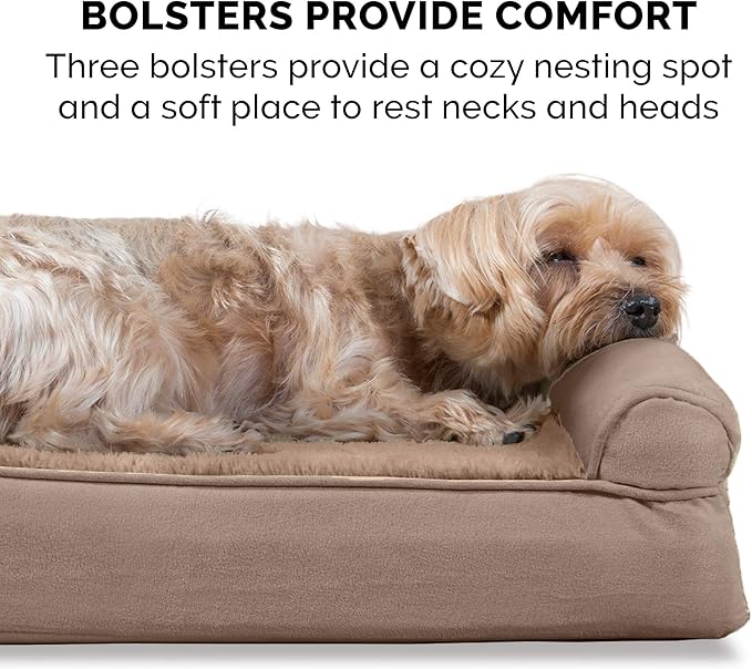 Furhaven Orthopedic Dog Bed for Large Dogs w/ Removable Bolsters & Washable Cover, For Dogs Up to 125 lbs - Plush & Suede Sofa - Almondine, Jumbo Plus/XXL
