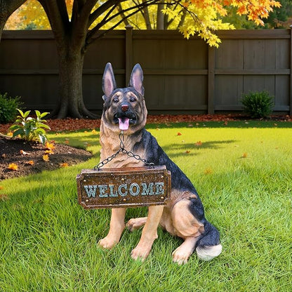 German Shepherd Statue Outdoor Decorations – Dog Statues Outdoor Sitting German Shepherd with Replaceable Solar Light & Welcome Sign for Porch Décor