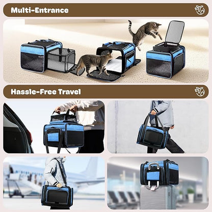 Top and 2 Sides Expandable Cat Carrier 18x11x11, TSA Airline Approved Dog Carriers for Small Dogs, Soft-Sided Pet Carrier with Self-Locking Zippers for Kitten,Rabbit, Puppy, Blue