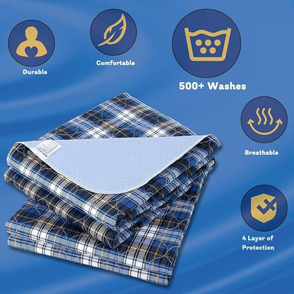 Washable Bed Pads, Non-Slip Bed Pads for Incontinence (36"" x 72"", 2 Pack) - Waterproof and Reusable Underpads for Adults, Kids, and Pets, Blue