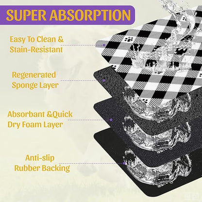 Cat Checked Plaid Dog Cat Food Mat, Absorbent Feeding Mat with Fast-Dry Surface, Rubber Backing for Messy Drinkers – 16x24 Inch