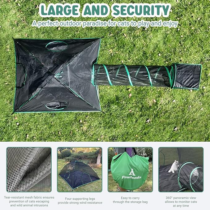 3-in-1 Outdoor Cat Enclosures, Portable Catio Green Cat Tents for Outside, Cat Tents with 1 Dome Tent,1 Straight Tunnel and 1 Cube, Outdoor Cat Playpen for Cats, Rabbits and Other Animals