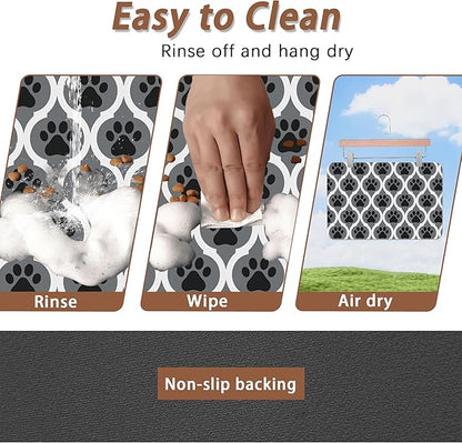 Gray Paw Print Geometric Dog Cat Food Mat,Absorbent Pet Feeding Mat for Food and Water,Non-Slip Dog Bowl Mats Floor Protector 16"x24"