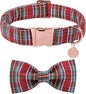 Christmas Plaid Dog Collar with Bow, Red and Blue Check Adjustable Pet Collar with Quick Release, Christmas Stripes Bowtie Collar for Small Medium Large Dogs L