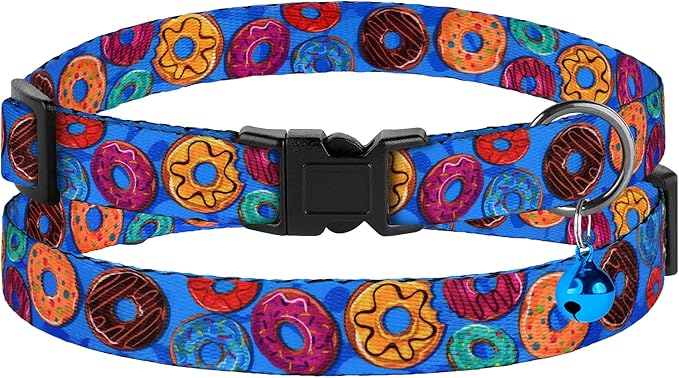 4PCS Breakaway Cat Collars with Bell - Cute Soft Adjustable Safety Kitten Collars 4-Pack - Nylon Pet Collars Nature Tribal Striped Floral Space Aztec Flowers Print (Travel & Cookies)