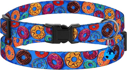 4PCS Breakaway Cat Collars with Bell - Cute Soft Adjustable Safety Kitten Collars 4-Pack - Nylon Pet Collars Nature Tribal Striped Floral Space Aztec Flowers Print (Travel & Cookies)