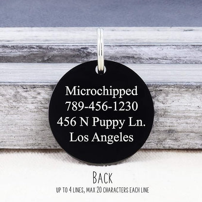 UltraJoys Stainless Steel Pet ID Tag Dog Name Tags Personalized Front and Back Engraving, Customized Dog Tags and Cat Tags, Optional Engraved on Both Sides, Round Tag with Vine Design, Small Black