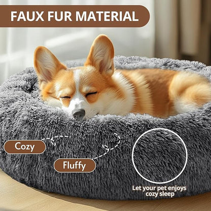 JOLLYVOGUE Calming Dog Bed Medium Size Dog, Anti-Anxiety Donut Medium Pet Bed, 31 inches Fluffy Faux Fur Round Cat Bed, Fits up to 45 lbs Pets (Smoke Black)