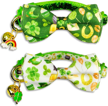 St. Patrick's Day Cat Bowtie - Green Clover Pattern with Festive Holiday Charms for Cats & Small Pets, Adjustable Pet Collar with Rainbow and Lucky Bell