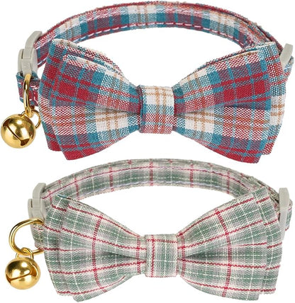 2 Pack Soft Cotton Cat Collars with Bowtie and Bell Breakaway Plaid Cat Kitten Collar(Red and Green)