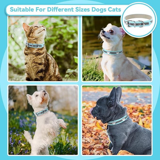 PETCARE Reflective Dog Collar with Cute Paw Rivet Studded Funny Soft PU Leather Adjustable Puppy Dog Collars for Small Medium Large Dogs Cats (Blue,Large)