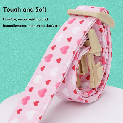 Faygarsle Valentine's Day Dog Collar, Pink with Red and White Hearts Pattern, Adjustable with Quick-Release Buckle and Heart Charm S