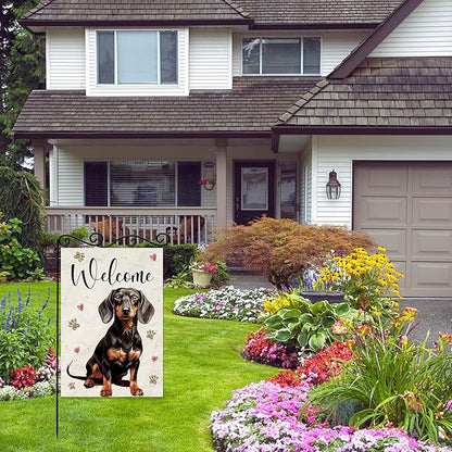Welcome Dog Summer Garden Flag,Dog Paw Print Garden Flag,Welcome to Cute Dog House Double Sided Outdoor Decor Yard Lawn Home Decoration.12x18 Inch