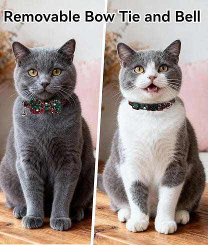 Joytale Upgraded Christmas Cat Collar with Bells, Breakaway Cat Collars with Bow Tie, 1 Pack Girl Boy Safety Plaid Kitten Collars, Christmas Green