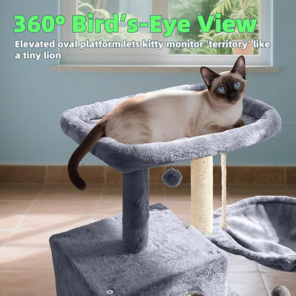 Cat Tree with Cat Condo and Hammock, Cat Tree with Scratching Posts and Scratching Pads, Cat Tower for Indoor Cats, Activity Centre Climbing Tree with Playful Toy Balls, Grey