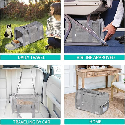 Soft-Sided Cat Carrier for Pets Up to 15lbs, Airline Approved Under-Seat Travel Carrier with Collapsible Bowl, Breathable Mesh & Removable Pad, Grey