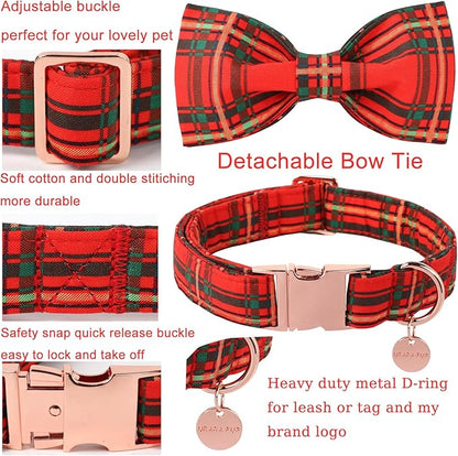 Christmas Dog Collar with Bow Tie, Cotton Christmas Plaid Collar for Medium Girl Boy Dog,Red &Green Plaid Dog Collar Bowtie with Durable Metal Buckle,Adorable Pet Collar,M,Neck 13.5-22in