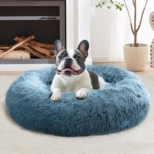 JOLLYVOGUE Calming Dog Bed Medium Size Dog, Anti-Anxiety Donut Medium Pet Bed, 31 inches Fluffy Faux Fur Round Cat Bed, Fits up to 45 lbs Pets (Blue)