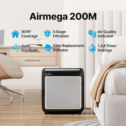 COWAY Air Purifiers for Home Up to 1,748 ft², HEPA Filter for Smoke, Allergies, Pet Dander, Odor, Air Quality Monitor, Auto & Eco Mode, Timer, Filter Indicator, 3yr Warranty, Airmega 200M Black