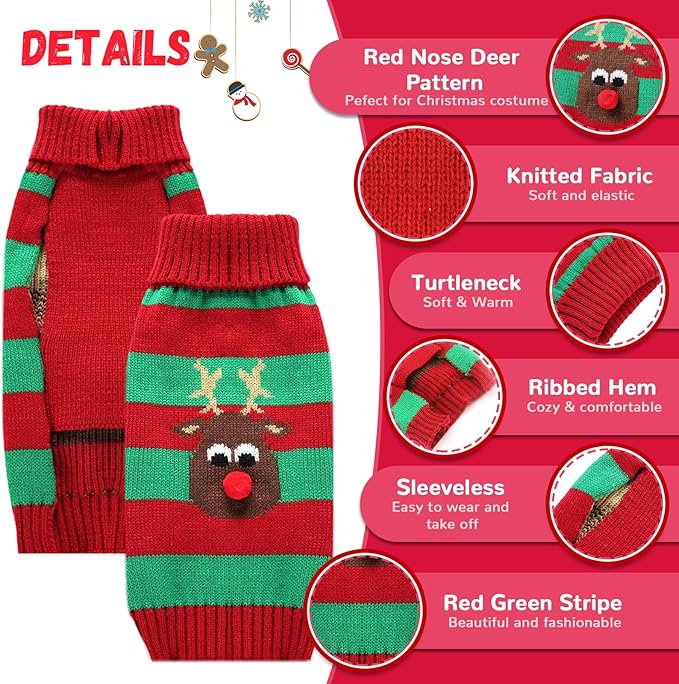 Dog Cat Christmas Sweater Boy Girl Ugly Reindeer Xmas Pet Clothes Holiday Puppy Costume New Year Gifts for Small Medium Large Dogs Outfits (L, Red Green Stripe Reindeer)