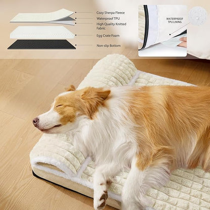 Orthopedic Dog Bed Medium Size Dog with Pillow 30''X20'', Waterproof Soft Comfortable Egg Crate Foam Pet Crate Beds Mat with Removable Washable Cover and Non-Slip Bottom, Cream