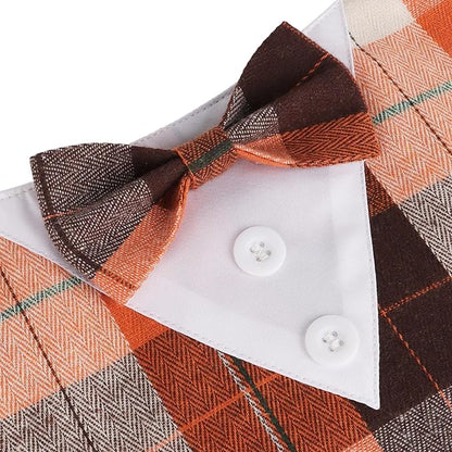 ADOGGYGO Fall Dog Tuxedo Bandana, Orange Plaid Pet Fall Collar with Bowtie, Adjustable Halloween Thanksgiving Costume for Small Dogs (S)