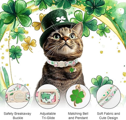 2 Pack St. Patrick’s Day Cat Collars - Breakaway Cat Collar with Bell, Green Lucky Clover Pendant, Adjustable Cute Pastel Rainbow Shamrock Kitten Collars for Boy Girl Cats