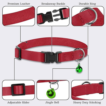 Breakaway Cat Collar with Bell - Leather Adjustable Kitten Collars with Safety Quick Release Buckle - Soft Small Pet Collars for Girl & Boy Cats (Red)